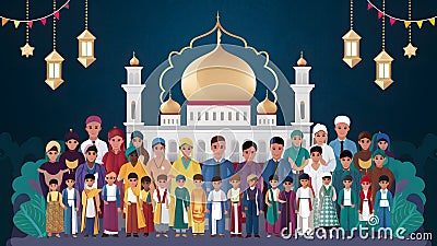 Cultural diversity and unity showcased in festive Eid Mubarak poster Stock Photo