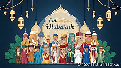 Cultural diversity and unity showcased in festive Eid Mubarak poster Stock Photo