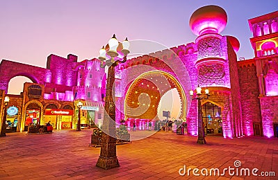 Cultural Gate of Global Village Dubai in bright lights, on March 6 in Dubai, UAE Editorial Stock Photo