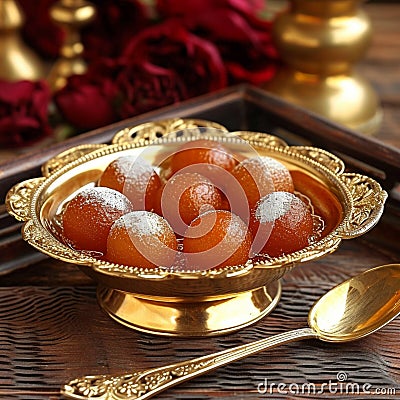 Cultural indulgence Gulab Jamun served in a classic metal bowl Stock Photo