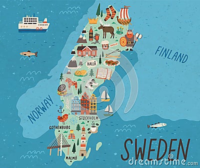 Cultural map of Sweden flat vector illustration. European country traditional landmarks and tourist attractions. EU Vector Illustration