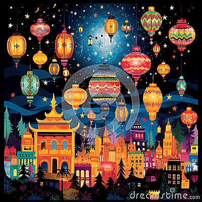 Cultural Radiance: Traditional Lanterns Enveloped in Colorful Stories Cartoon Illustration