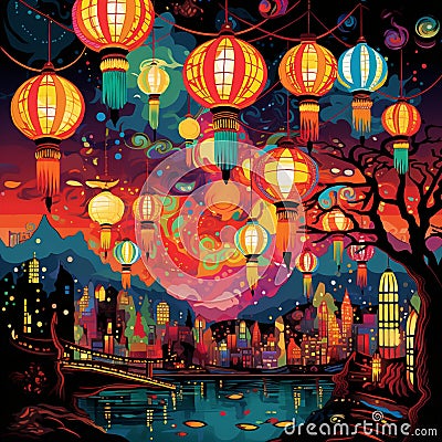 Cultural Radiance: Traditional Lanterns Enveloped in Colorful Stories Cartoon Illustration