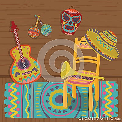 Cultural symbols of Mexico, traditional interior of Mexican house vector illustration Vector Illustration
