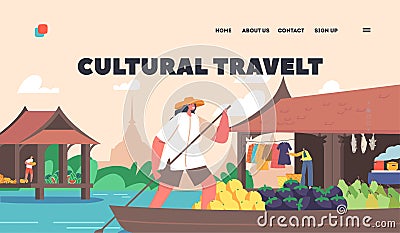 Cultural Travel Landing Page Template. Saleswoman Character on Boat Sell Goods Float by River, Traditional Trading Vector Illustration