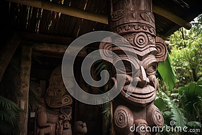 Cultural wooden carvings, like tikis, board paddles or canoe prows and sterns arranged artfully around a thatched roof hut. Stock Photo