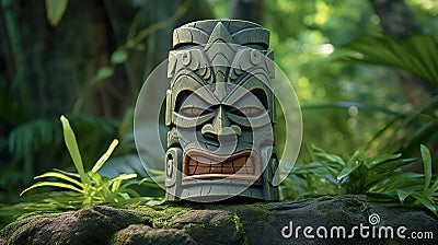 cultural wooden tiki mask on blurred background close up Stock Photo