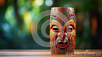 cultural wooden tiki mask on blurred background close up Stock Photo