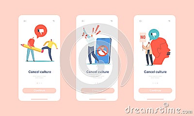 Culture Ban Mobile App Page Onboard Screen Template. Characters Erasing Person with Eraser, Activists with Loudspeaker Vector Illustration