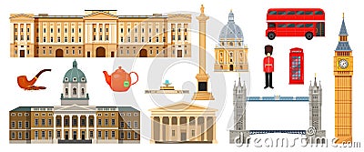 Culture, buildings and attractions of London, Great Britain, United Kingdom. Vector Illustration