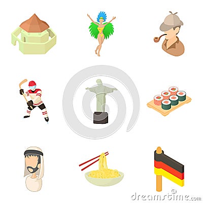 Culture of countrie icons set, cartoon style Vector Illustration