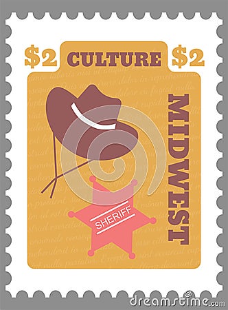 Culture of Midwest, sheriff hat postmark with price Vector Illustration
