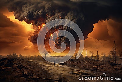 Surreal and apocalyptic landscape view of humanity extinction in fire Stock Photo