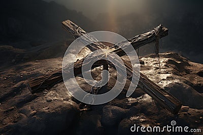 Abstract christian wooden cross in outdoors illustration. Generative AI Cartoon Illustration