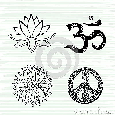 Culture symbols vector set. Lotus, mandala, mantra om and peace signs hand drawn collection. Vector Illustration