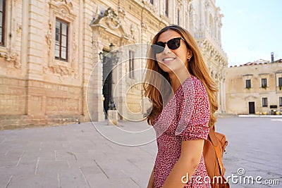 Culture and Young People. Beautiful trendy girl visiting the baroque city of Lecce, Apulia, Italy Stock Photo