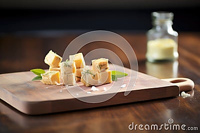 cultured butter cubes on wooden board Stock Photo