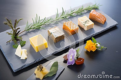 cultured butter sample selection on slate sampler Stock Photo