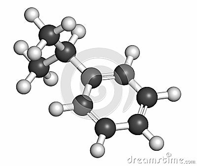 Cumene (isopropylbenzene) aromatic hydrocarbon molecule. Atoms are represented as spheres with conventional color coding: hydrogen Stock Photo