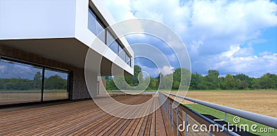 Cumulus clouds move in on a country farm villa. Huge terrace with boardwalk. Glass sliding doors. Transparent fence with metal Cartoon Illustration