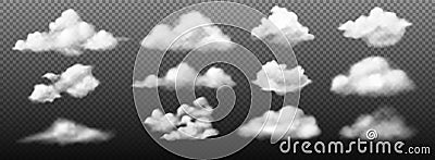 Cumulus clouds. Realistic white summer cloudscape elements. Sky condensation precipitation mockup on transparent Vector Illustration