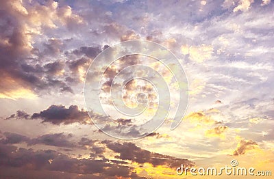 Cumulus sunset clouds with sun Stock Photo