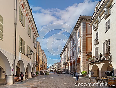 Cuneo, Piedmont, Italy, Via Roma with Town Hall Editorial Stock Photo