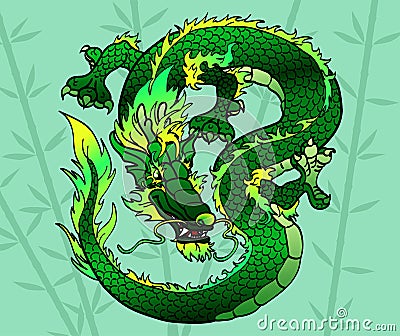 Cunning green Asian dragon on bamboo Vector Illustration