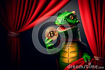 cunning green dragon holds a golden bitcoin in its paw, looking out from behind the red curtain of the theater wings Stock Photo