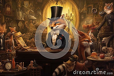 Cunning - looking fox, wearing a top hat and monocle, sitting at a grand piano and surrounded by other elegant animals in a Cartoon Illustration