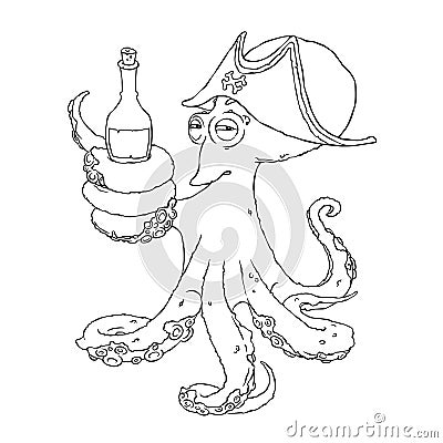 Cunning octopus-pirate with a bottle of alcohol in the tentacles. Drunk. Vector Illustration