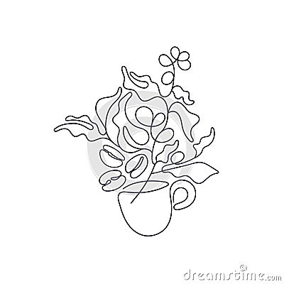 Cup of aroma arabica, robusta coffee Tropical bush Vector Illustration