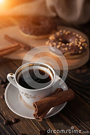 Morning espresso coffee for breakfast in a beautiful white cup. Stock Photo