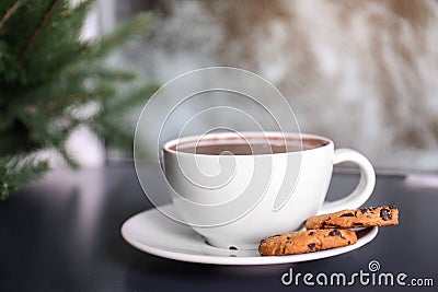 Cup of aromatic cacao with cookies on table. Space for text Stock Photo