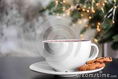 Cup of aromatic cacao with cookies on table, closeup. Stock Photo