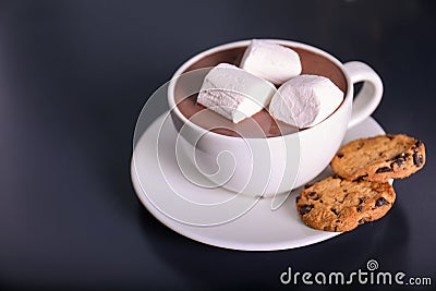Cup of aromatic cacao with marshmallows and cookies on dark table. Stock Photo