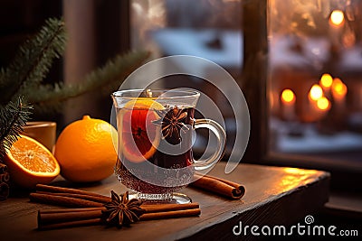 Cup of autumn or winter mulled wine or gluhwein with spices and orange slices Stock Photo