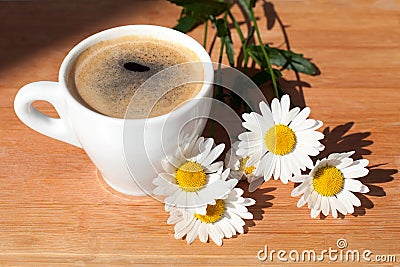 A cup of black coffee branch of white daisy flowers on wooden background in morning bright sunligh with shadow Stock Photo