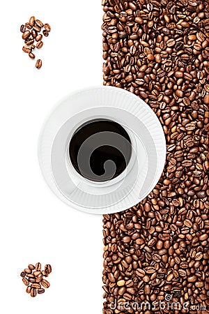 Cup of black coffee, bunch of coffee beans in the corners, cup handle tilted right Stock Photo