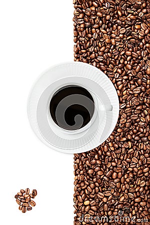 Cup of black coffee, bunch of coffee beans in the left bottom corner, cup handle tilted right Stock Photo