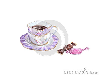 Cup of black coffee with candies in pink tones isolated on white background. Cartoon Illustration