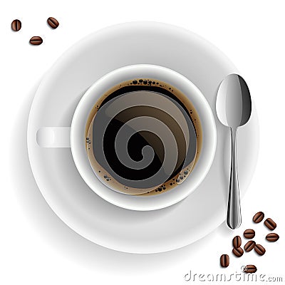 Cup of black coffee with coffee grain and spoon. Vector Illustration