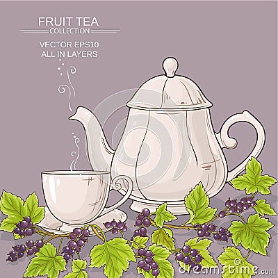 Cup of black currant tea and teapot Vector Illustration