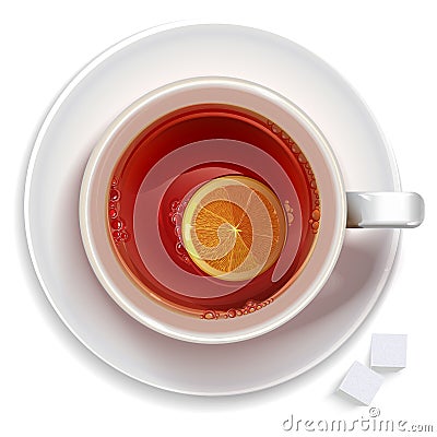 Cup of black tea with lemon and sugar Vector Illustration