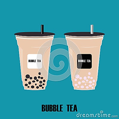 The cup with bubble tea.Cartoon milk tea with tapioca pearl. Bubble tea Taiwanese popular cold drink.vector illustration Stock Photo