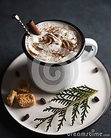 Cup of cacao dark hot chocolate winter coffe milk latte cappuchino christmas tree morning Stock Photo