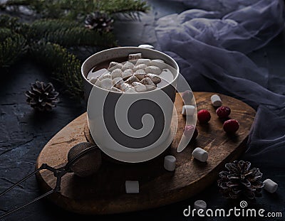 Cup of cacao with marshmallow dark hot chocolate winter early morning Christmas tree Stock Photo