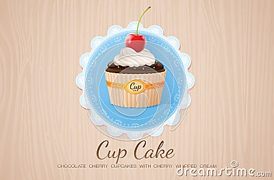 Cup cake chocolate cherry on table wood Vector Illustration