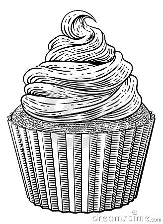 Cup Cake Cupcake Muffin Cream Vintage Woodcut Vector Illustration