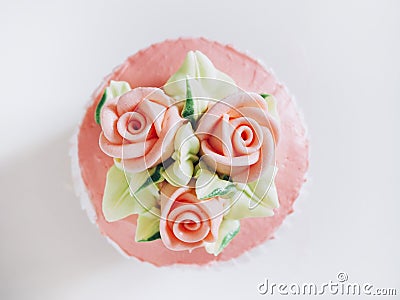 Cup cake dessert with Rose and flower decoration Top view Stock Photo